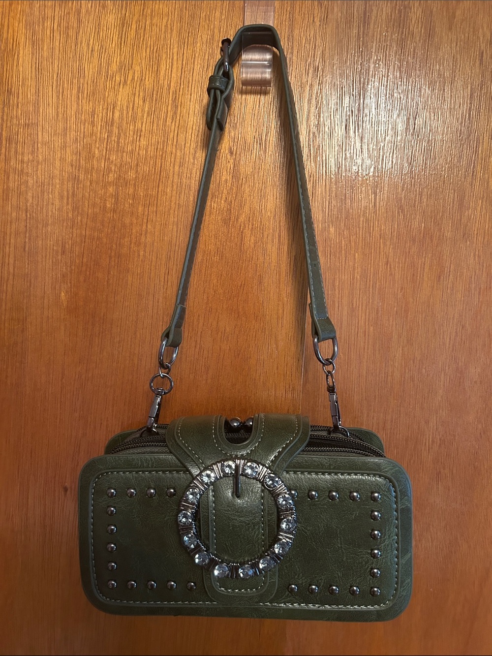 Olive Green Studded Wristlet with Crystal Buckle Accent